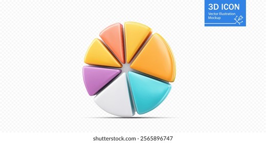 A vibrant pie chart icon with segments in orange, yellow, pink, white, and teal sits on a light background, illustrating concepts of data analysis and representation in a modern style.