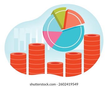  a vibrant pie chart and piles of red coins symbolizing data analysis, economic growth, or wealth management. Flat vector illustration 