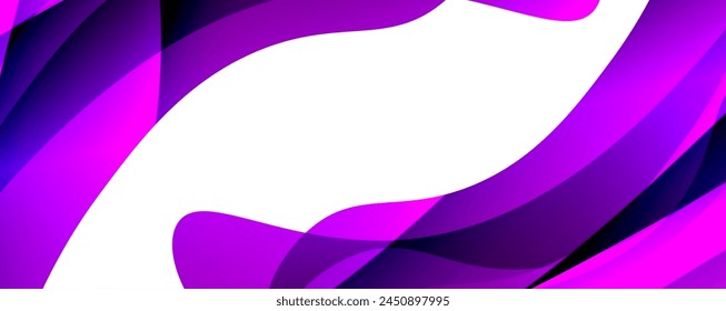 A vibrant piece of art with a purple and white background showcasing a white swirl in the middle, representing an organism with violet and pink petals in various tints and shades