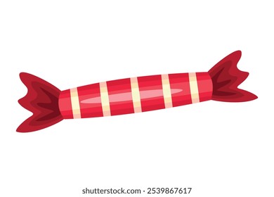 A vibrant piece of candy wrapped in a glossy, red and yellow striped wrapper with twisted ends. The shiny surface and classic design make it an eye catching, nostalgic treat