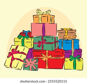 A vibrant pile of gift boxes with artistic stroke outlines, featuring a variety of bright and cheerful colors.