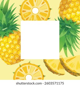 A vibrant pineapple with slices neatly placed around a white patch, creating a modern and fresh composition
