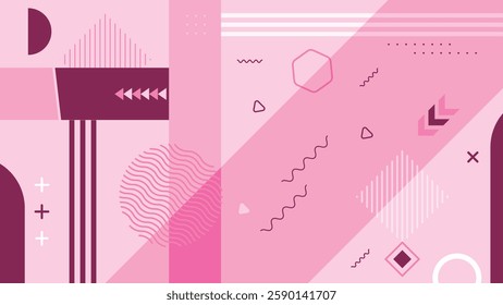 Vibrant pink abstract geometric background featuring trendy Memphis-style shapes, lines, and patterns. Perfect for creative designs, websites, wallpapers, and digital projects with a modern touch.