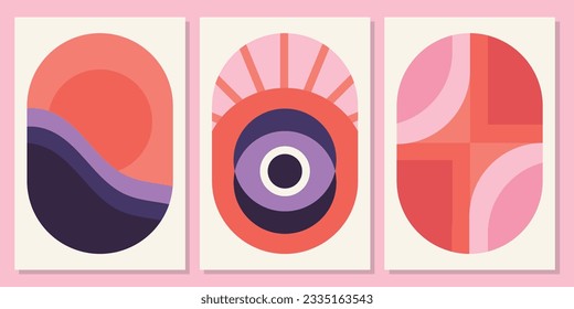Vibrante juego de afiches abstractos de color rosa. Colección de 3 afiches en un estilo moderno, atrevido y ecléctico. Diseño de ilustración geométrica genial.