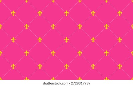 Fundo rosa vibrante adornado com um padrão repetitivo de fleurdelis dourada, criando um design luxuoso e elegante. Ideal para projetos de moda, têxteis e web design.