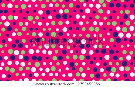 Vibrant pink background adorned with scattered polka dots in white, green, and navy blue.  A playful, cheerful pattern perfect for websites, textiles, or celebratory designs.