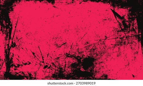 Vibrant pink background with distressed black grunge texture and abstract scratch marks vector