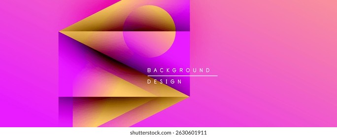 Vibrant pink background features golden geometric shapes. Overlapping layers create depth, modern design aesthetic. Text reads background design.