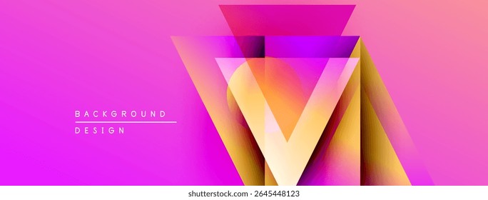 Vibrant pink background features layered geometric shapes. Gold, purple hues create modern abstract design. Text reads background design.