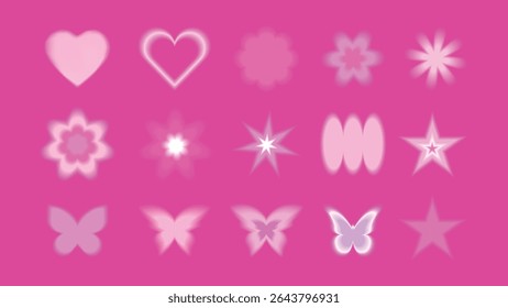 A vibrant pink background features various pink shapes like hearts, stars, and butterflies. Pink hearts, stars, and butterflies create a playful pink theme. Cute glowing element set vector.