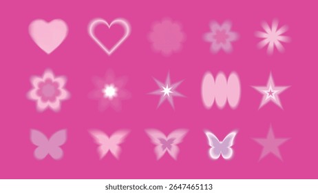 A vibrant pink background features various pink shapes like hearts, stars, and butterflies. Hearts, pink stars, and pink butterflies create a playful theme. Cute glowing element set vector.