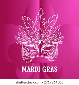 Um fundo rosa vibrante apresenta uma máscara de mascarada com contorno branco adornada com penas ornamentadas e correntes delicadas, com o texto "MARDI GRAS" abaixo, evocando uma atmosfera festiva e comemorativa.