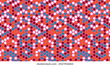 Vibrant pink background featuring a dynamic pattern of multicolored circles in teal, orange, white, and maroon.