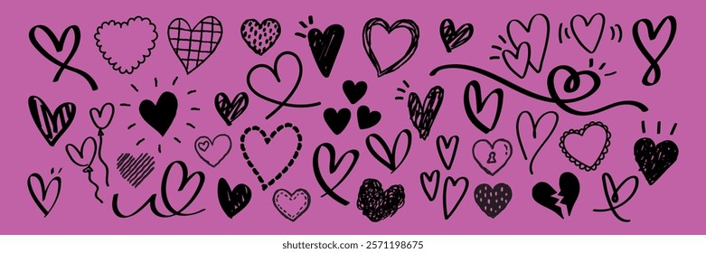 A vibrant pink background with various black heart doodles. Heart shapes, heart patterns, and heart designs fill the space with playful. Cute Valentine's Day elements, vector.