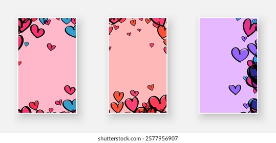 Vibrant pink, blue, and purple hearts scattered across pastel backgrounds, creating cheerful and romantic designs. Vector illustration.
