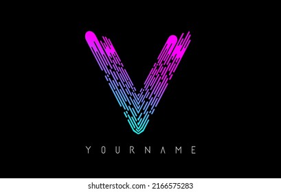 Vibrant pink and blue  V letter logo concept. Creative Minimal Monochrome Monogram emblem design template with lines and finger print pattern. 