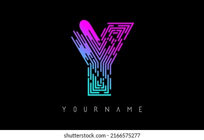 Vibrant pink and blue  Y letter logo concept. Creative Minimal Monochrome Monogram emblem design template with lines and finger print pattern. 