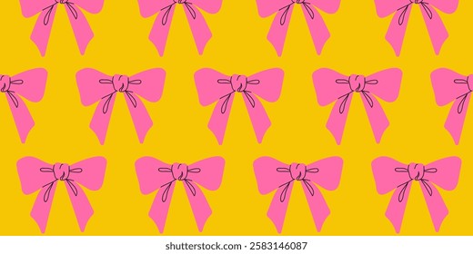 Vibrant pink bows on a bright yellow background create a cheerful and eye-catching pattern for festive occasions