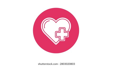 A vibrant pink circle contains a white outline of a heart symbol with a medical cross, representing health, care, and well-being.