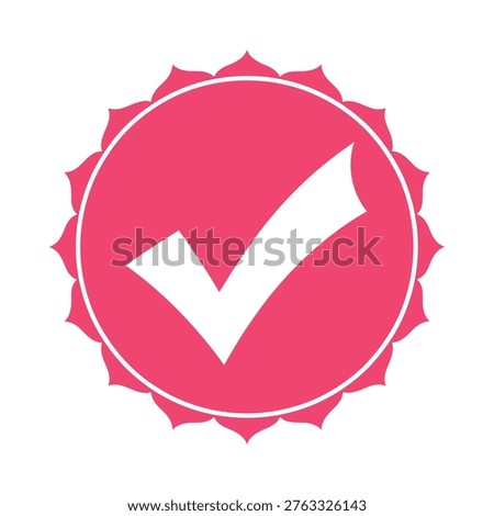 A vibrant pink circular badge features a prominent white checkmark symbol signifying approval or validation