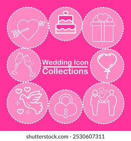 Uma coleção rosa vibrante de ícones de casamento com um coração com uma seta, bolo, caixa de presente, taças de champanhe, balão, pomba, fechadura de coração e um casal apaixonado, fechados dentro de círculos pontilhados.