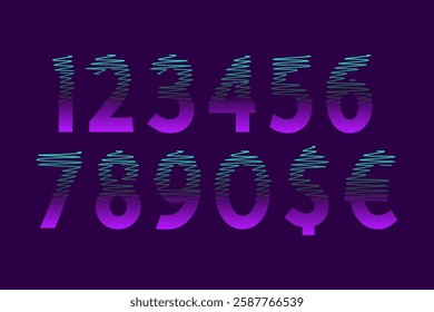 Vibrant pink and cyan gradient numbers with horizontal strokes on a dark purple background. Ideal for neon, vaporwave, futuristic, and digital designs.