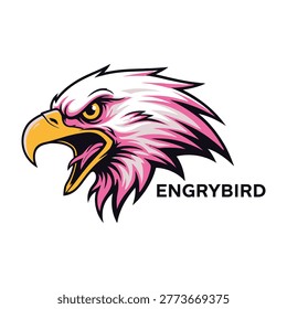 Vibrant pink eagle head with yellow beak and sharp gaze, engraving style, bold design element