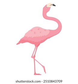 A vibrant pink flamingo is depicted in a standing position, raising one leg while balancing on the other. The bird s elongated neck and delicate features highlight its unique characteristics.