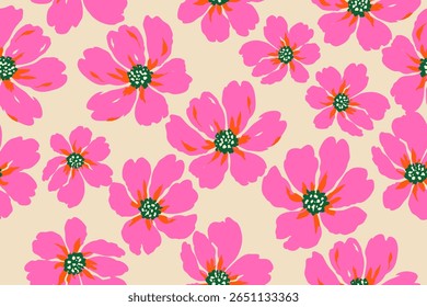 Padrão floral rosa vibrante com acentos laranja arrojados e centros verde-escuros em um fundo bege. Perfeito para têxteis, papéis de parede e temas de design alegres.