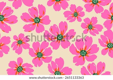 Vibrant pink floral pattern with bold orange accents and dark green centers on a beige background. Perfect for textiles, wallpapers, and cheerful design themes.