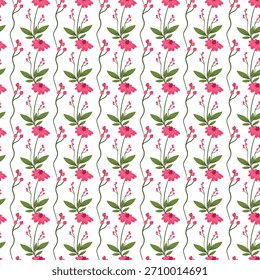 Um padrão floral rosa vibrante com hastes verdes e folhas em um design repetitivo sem costura, perfeito para têxteis, papel de parede e fundos decorativos. 