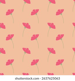Vibrant pink flowers against a soft peach background create a cheerful and lively decorative pattern for various uses