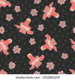 Vibrant Pink Flowers on Black Background Vector Seamless Pattern
