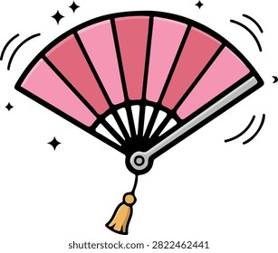 A vibrant pink folding hand fan with a decorative tassel, depicted in a simple cartoon style with sparkling accents, suggesting elegance and movement.