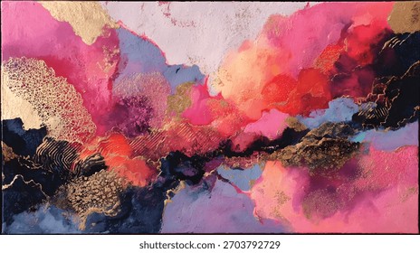 Pintura abstracta en forma de nube de color rosa y oro vibrante con movimiento dinámico, texturas expresivas, mezcla fluida de medios mixtos y una paleta de colores dramáticos que crean una composición artística viva y moderna