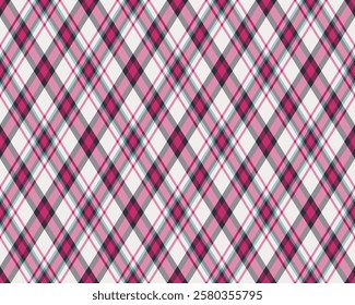 Vibrant pink and gray diagonal plaid pattern.  Perfect for textile design, apparel, website backgrounds, or scrapbooking projects.  Seamless repeat for versatile applications.