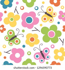 Vibrant pink, green, blue, orange and yellow flowers, butterflies, dots and branches seamless pattern on white background