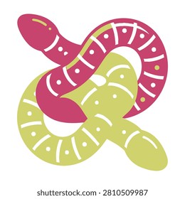 Vibrant pink and green snakes twisted together in a fun, stylized illustration on white background
