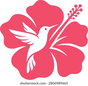 A vibrant pink hibiscus flower with a white hummingbird hovering, symbolizing nature's beauty