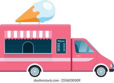 Vibrant pink ice cream food truck featuring a menu and a large ice cream cone atop its roof, inviting customers to indulge in sweet treats on a sunny day