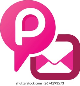 Ein leuchtend rosa Symbol, das eine Sprechblase mit dem Buchstaben P und einem Umschlagsymbol kombiniert, das Kommunikations- oder Nachrichtendienste darstellt. Einzeln auf weißem Hintergrund.