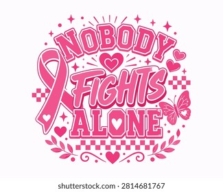 A vibrant pink illustration featuring a breast cancer awareness ribbon, supportive text, hearts, and a butterfly, conveying hope and solidarity.