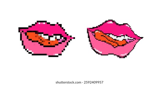 Vibrant pink lips in pixel art style showcasing bold red tongue playfully licking from the side.