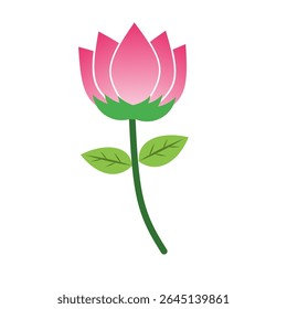 A vibrant pink lotus flower with green stem and leaves
