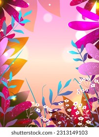 Vibrant pink magical floral nature background design. Colorful drawing in watercolor style, fairytale wallpaper illustration with plants and flowers. Vector fairy garden cartoon background for kids.