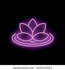 Vibrant pink neon lotus flower is glowing on a black background, representing peace and tranquility
