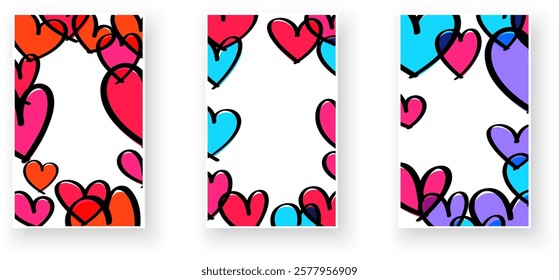 Vibrant pink, orange, blue, and purple hearts forming playful frames on white backgrounds. Vector illustration.