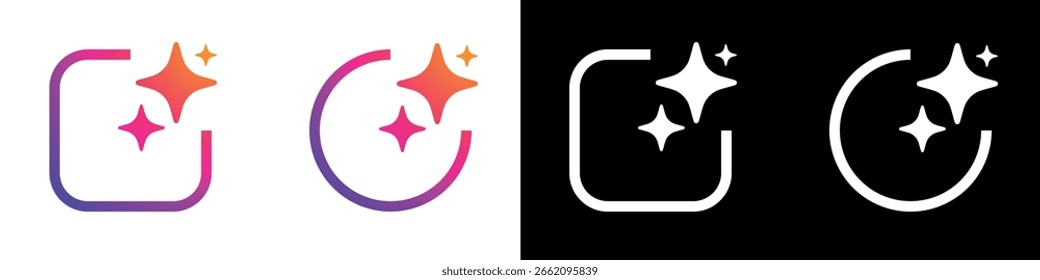 Lebendig rosa orange Farbverlauf glitzern Symbol-Set mit abgerundeten Quadrat- und Kreisrahmen einzeln auf transparentem Hintergrund moderne glühende Vektorgrafik-Elemente für ui Web-Design