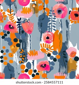 Vibrant pink, orange, and navy blue flowers and leaves on a gray background. The abstract design includes various shapes and brush strokes, creating a lively and dynamic composition.