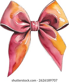  Vibrant pink and orange watercolor bow illustration, isolated decorative element.